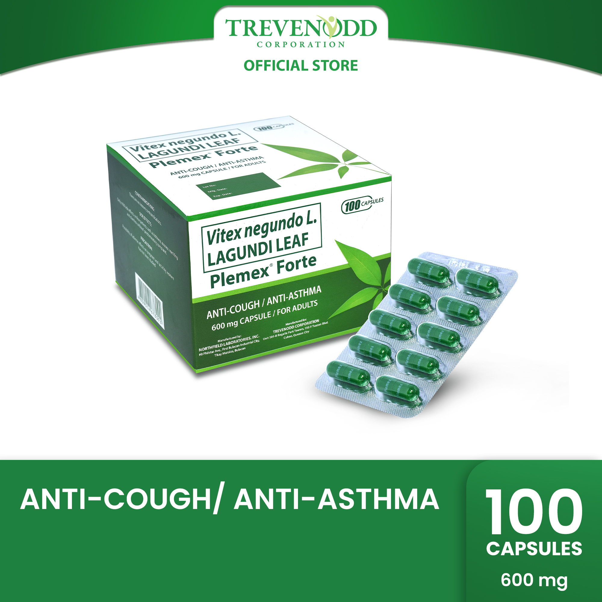 TRVC – Plemex Forte Capsule 100 pcs For Adults 600 mg Anti-Cough & Anti-Asthma