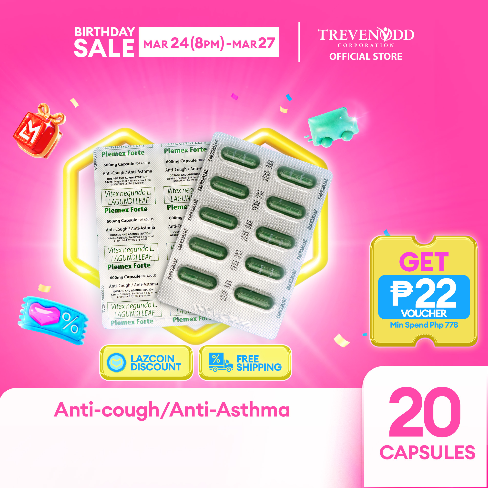 TRVC – Plemex Forte Capsule 20 pcs 2 Blister For Adults 600 mg Anti-Cough & Anti-Asthma