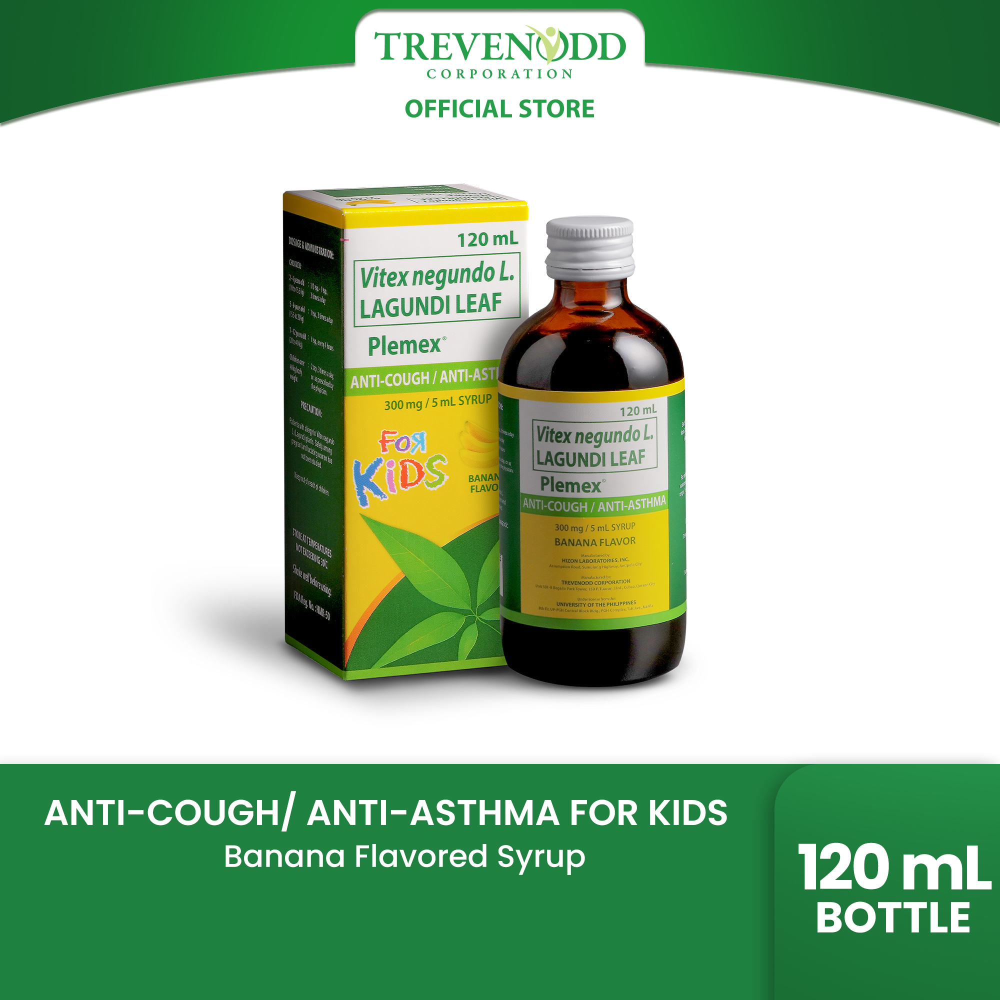 TRVC – Plemex for Kids Syrup 120 mL Banana Flavor Anti-Cough and Anti-Asthma