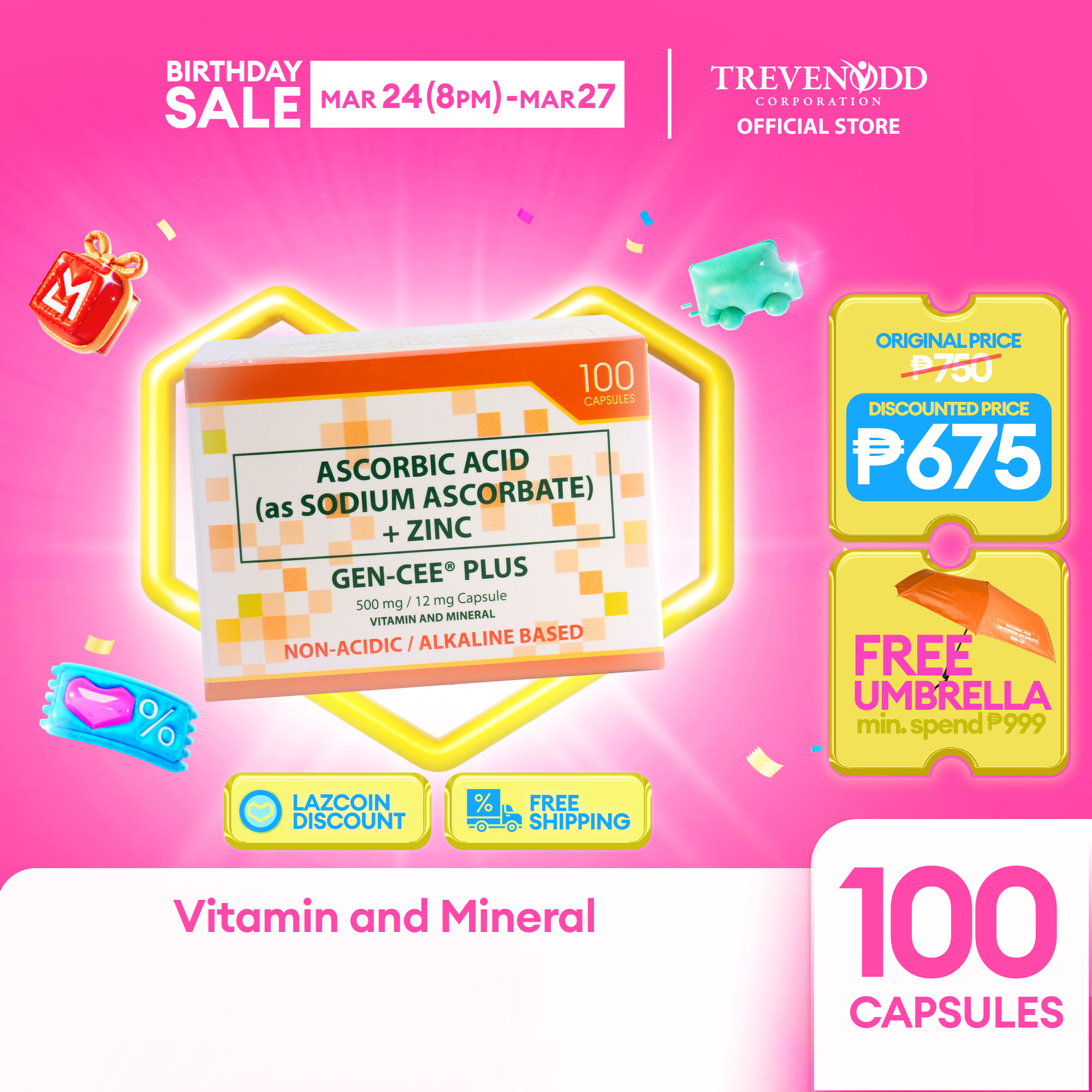 TRVC – GEN-CEE Plus Sodium Ascorbate + Zinc 100 pcs Capsule 512 mg