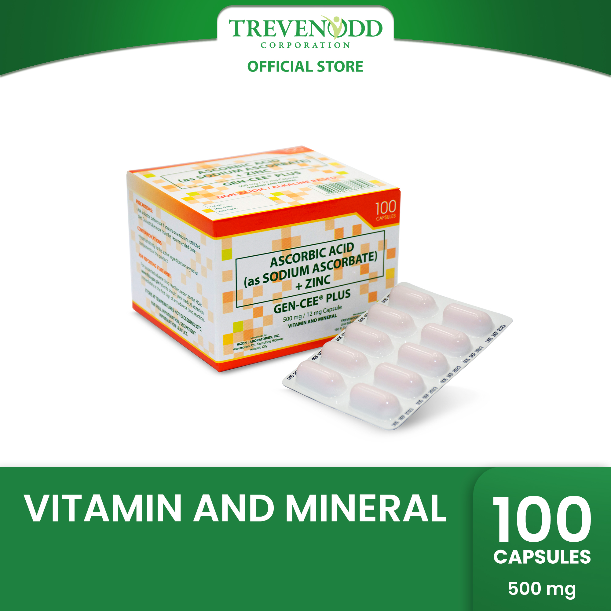 TRVC – GEN-CEE Plus Sodium Ascorbate + Zinc 100 pcs Capsule 512 mg