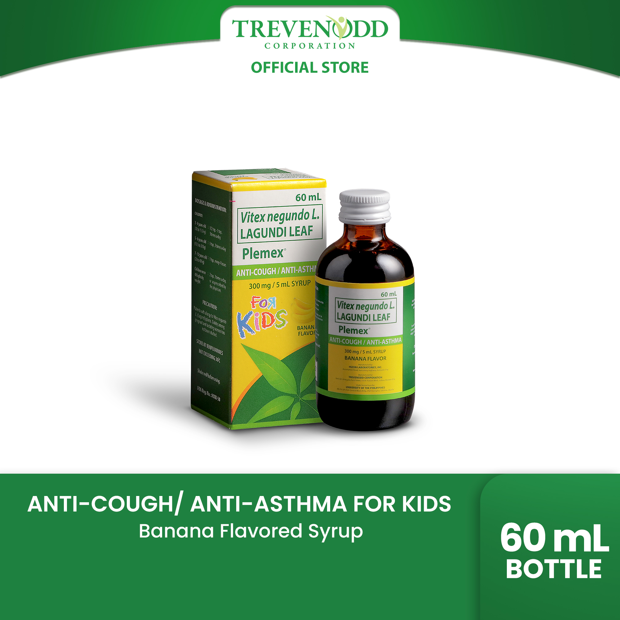 TRVC – Plemex for Kids Syrup 60 mL Banana Flavor Anti-Cough and Anti-Asthma