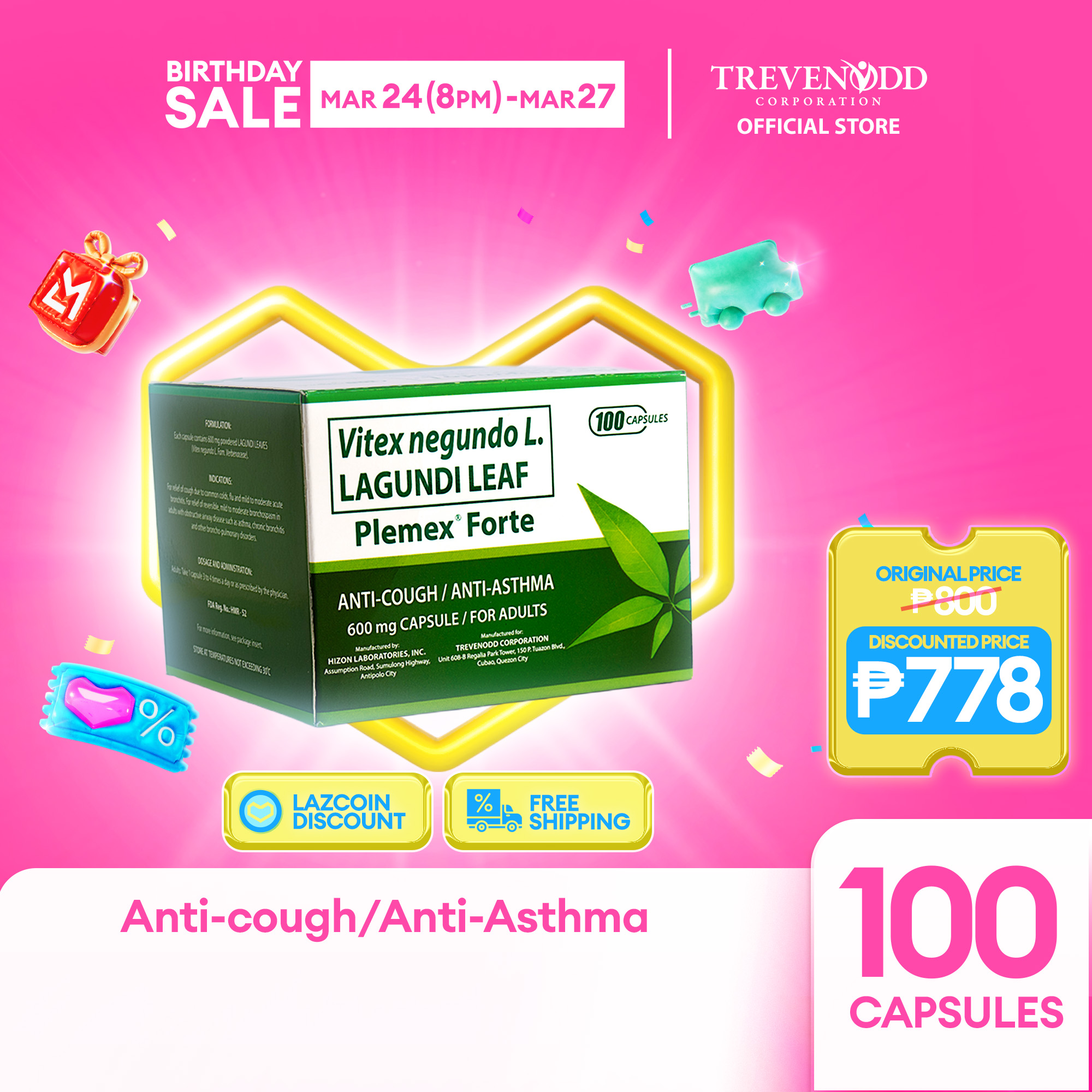 TRVC – Plemex Forte Capsule 100 pcs For Adults 600 mg Anti-Cough & Anti-Asthma