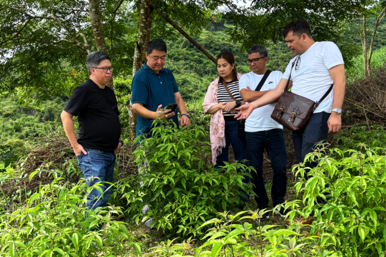 Trevenodd team members standing among lagundi plants at a farm in Tanay, Rizal, listening as one person explains the crop, with a green hillside in the background.